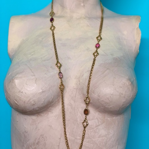 VTG 70s Gold Tone Dbl Curb Fancy Chain 36" Opera Length Necklace/Colored Stones - Picture 11 of 12